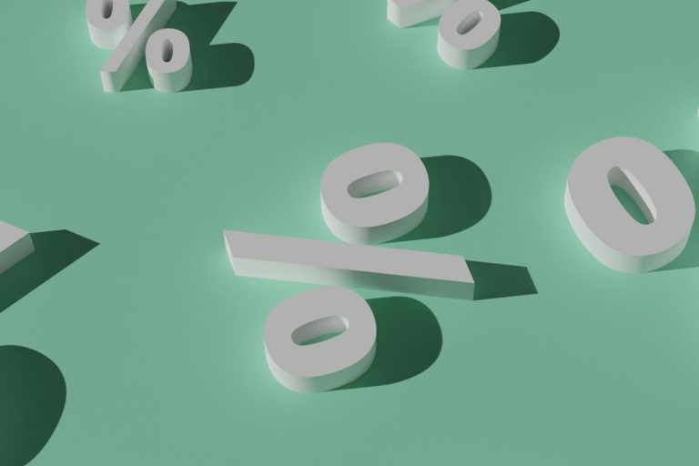 Anschlussfinanzierung Weiße Prozentzeichen auf mintgrünem Hintergrund mit Schatten. Symbolisiert die Ersparnisse durch einen Vergleich bei Anschlussfinanzierungen